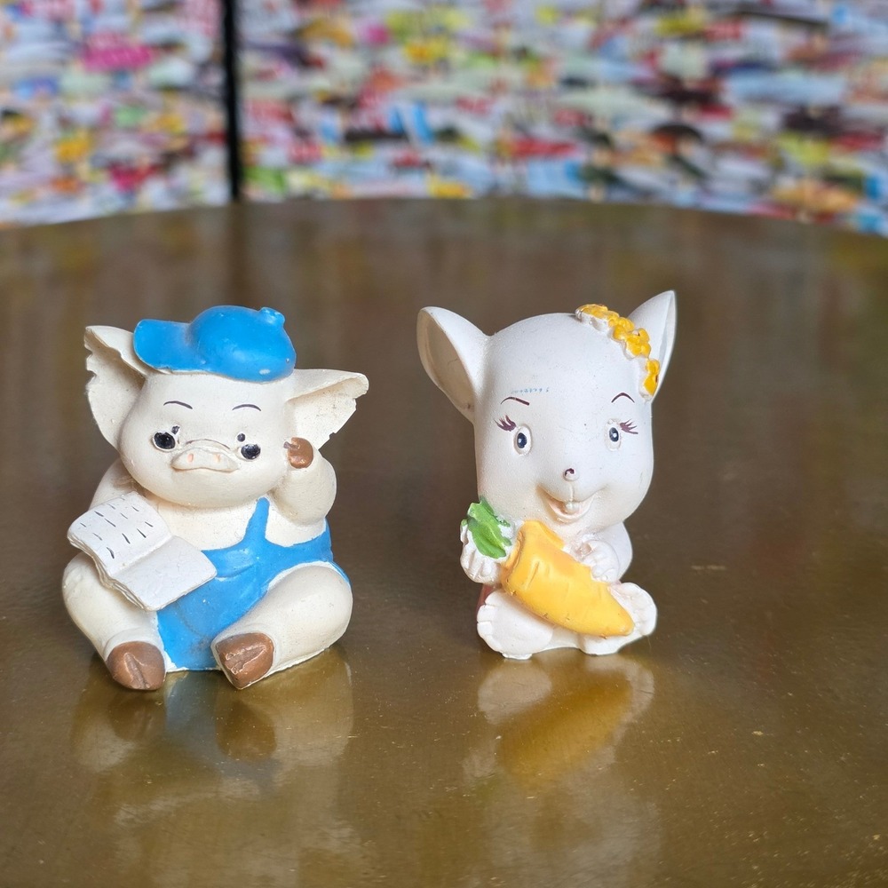 Vintage Anthropomorphic Pig & Mouse Figurines Set Whimsical Animal Pig Core